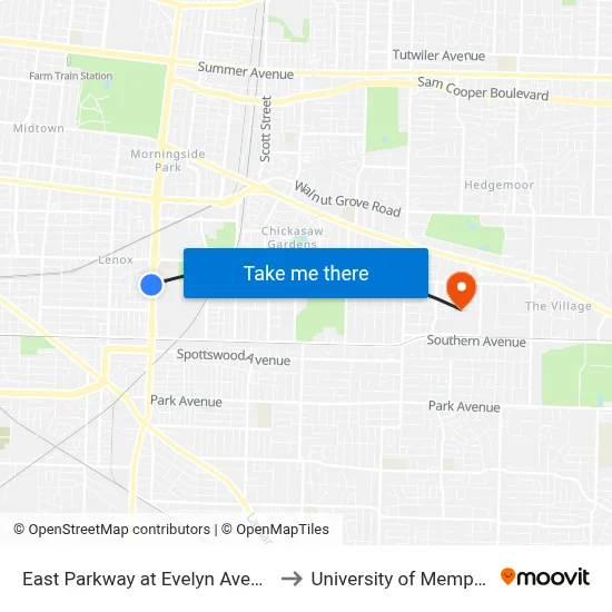 East Parkway at Evelyn Avenue to University of Memphis map