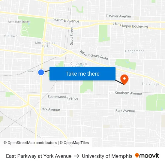 East Parkway at York Avenue to University of Memphis map