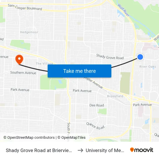Shady Grove Road at Brierview Street to University of Memphis map