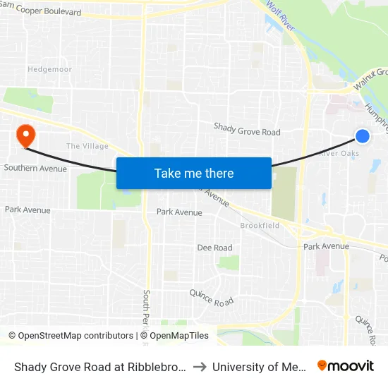 Shady Grove Road at Ribblebrook Road to University of Memphis map