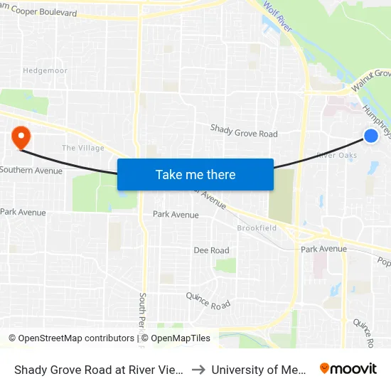 Shady Grove Road at River View Road to University of Memphis map