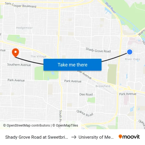 Shady Grove Road at Sweetbrier Road to University of Memphis map