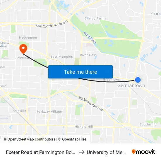 Exeter Road at Farmington Boulevard to University of Memphis map
