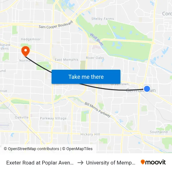 Exeter Road at Poplar Avenue to University of Memphis map