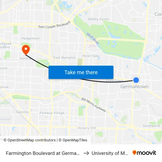 Farmington Boulevard at Germantown Road to University of Memphis map