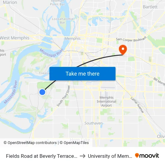 Fields Road at Beverly Terrace Drive to University of Memphis map
