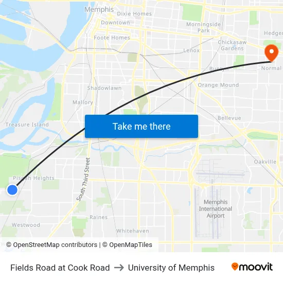 Fields Road at Cook Road to University of Memphis map