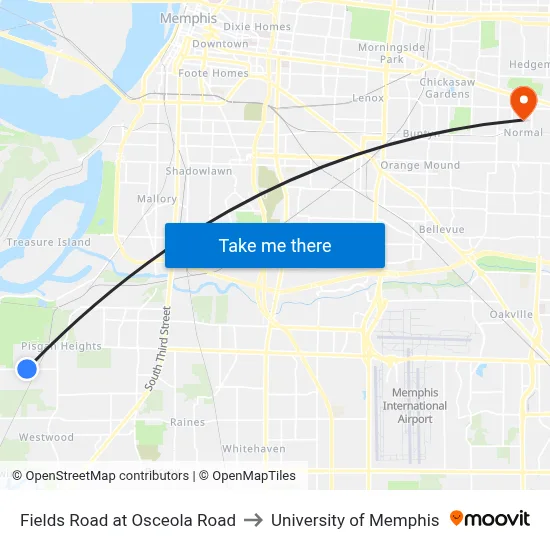 Fields Road at Osceola Road to University of Memphis map