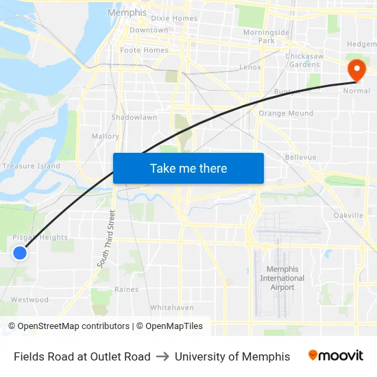 Fields Road at Outlet Road to University of Memphis map