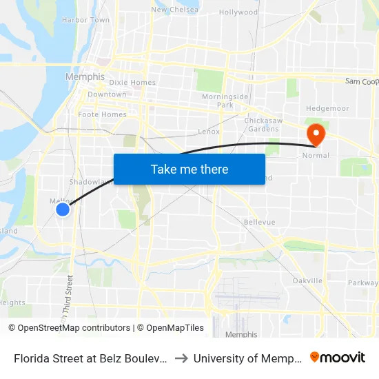 Florida Street at Belz Boulevard to University of Memphis map