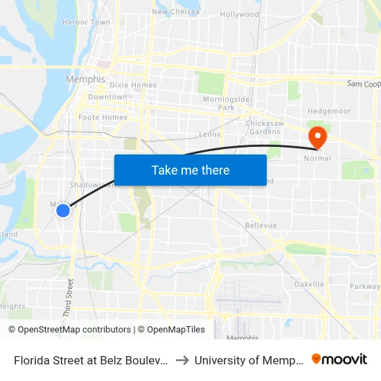 Florida Street at Belz Boulevard to University of Memphis map