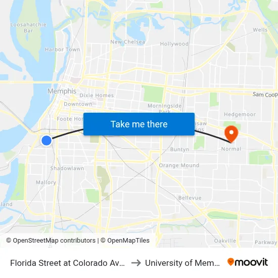 Florida Street at Colorado Avenue to University of Memphis map