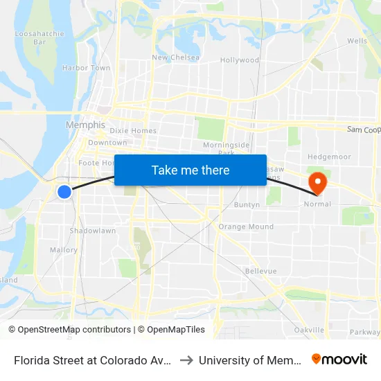 Florida Street at Colorado Avenue to University of Memphis map