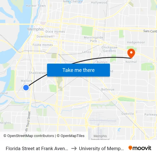 Florida Street at Frank Avenue to University of Memphis map