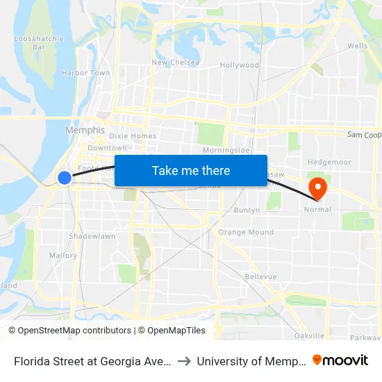 Florida Street at Georgia Avenue to University of Memphis map
