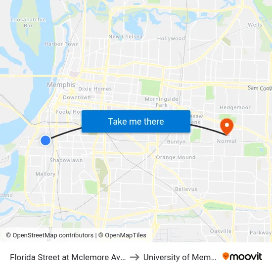 Florida Street at Mclemore Avenue to University of Memphis map