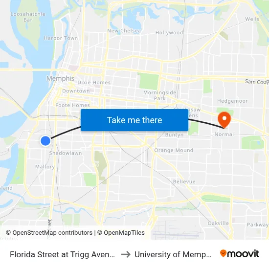 Florida Street at Trigg Avenue to University of Memphis map