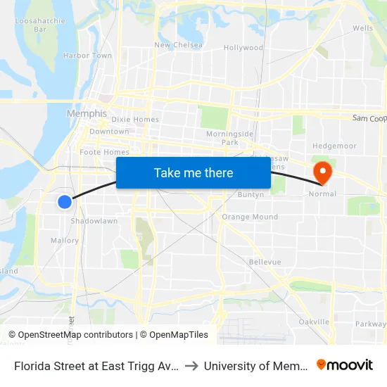 Florida Street at East Trigg Avenue to University of Memphis map