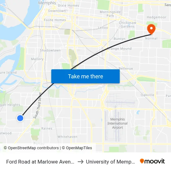 Ford Road at Marlowe Avenue to University of Memphis map