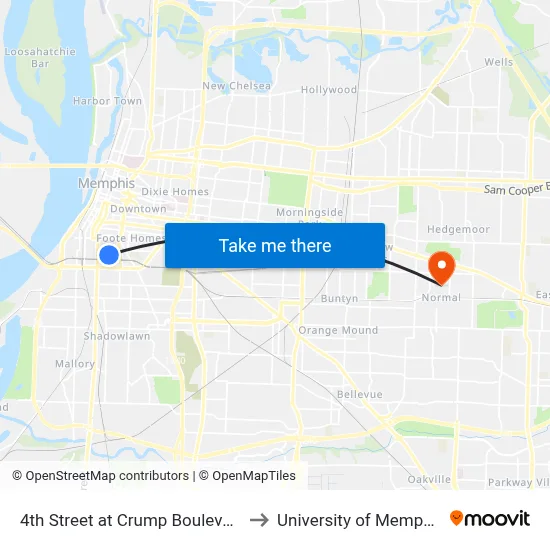 4th Street at Crump Boulevard to University of Memphis map