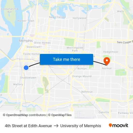 4th Street at Edith Avenue to University of Memphis map