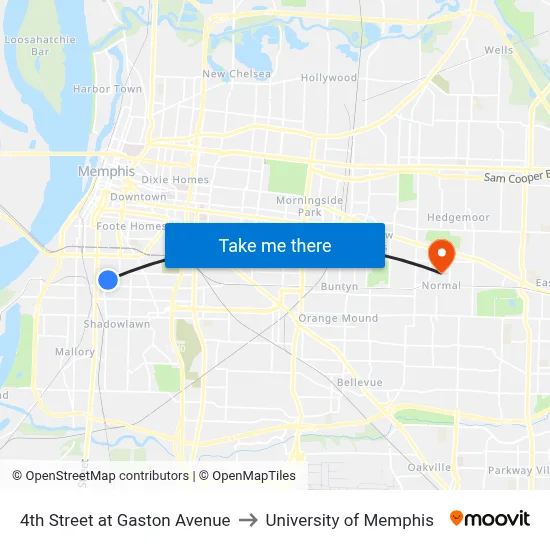4th Street at Gaston Avenue to University of Memphis map