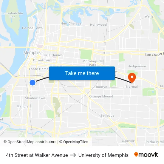 4th Street at Walker Avenue to University of Memphis map