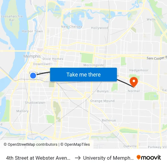 4th Street at Webster Avenue to University of Memphis map