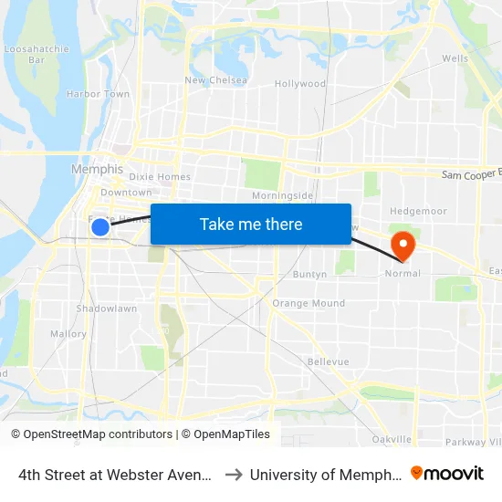 4th Street at Webster Avenue to University of Memphis map