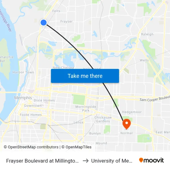 Frayser Boulevard at Millington Road to University of Memphis map