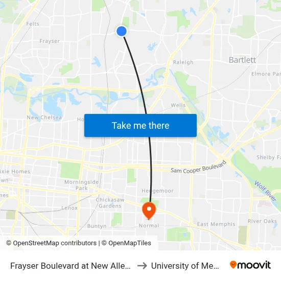 Frayser Boulevard at New Allen Road to University of Memphis map