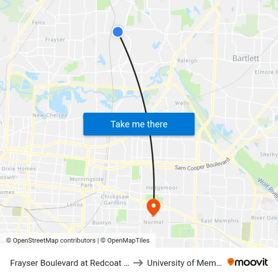 Frayser Boulevard at Redcoat Road to University of Memphis map