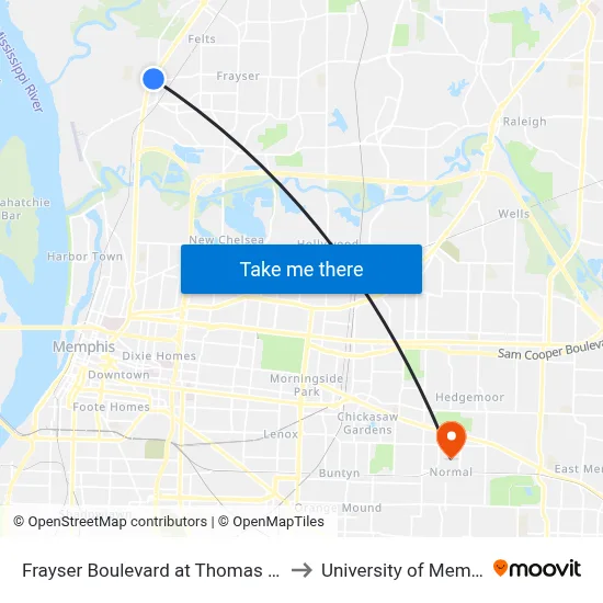Frayser Boulevard at Thomas Street to University of Memphis map