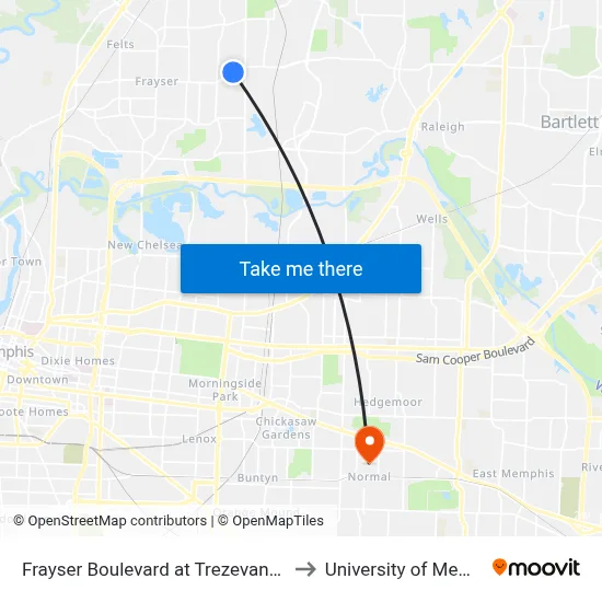 Frayser Boulevard at Trezevant Street to University of Memphis map