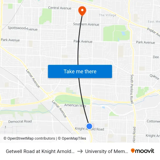 Getwell Road at Knight Arnold Road to University of Memphis map