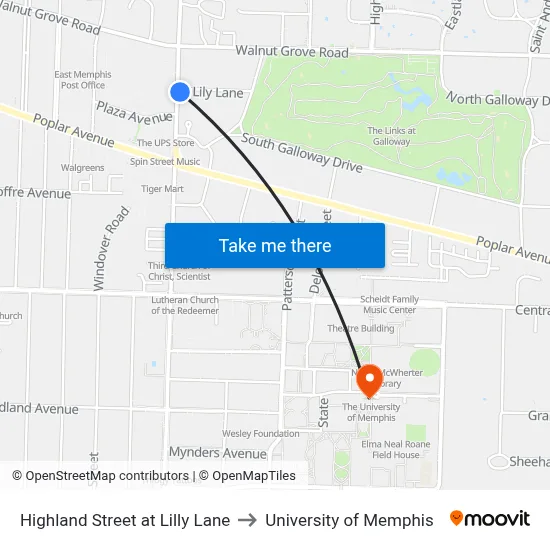 Highland Street at Lilly Lane to University of Memphis map
