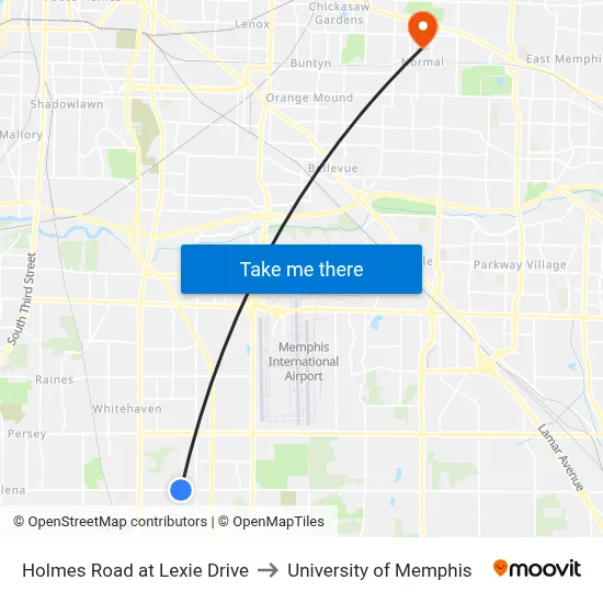 Holmes Road at Lexie Drive to University of Memphis map