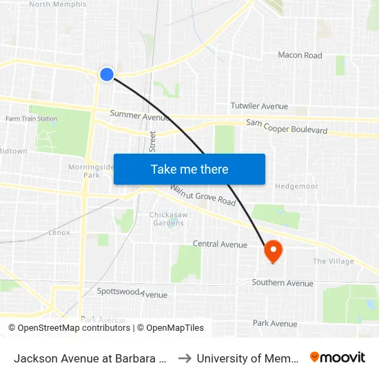 Jackson Avenue at Barbara Drive to University of Memphis map