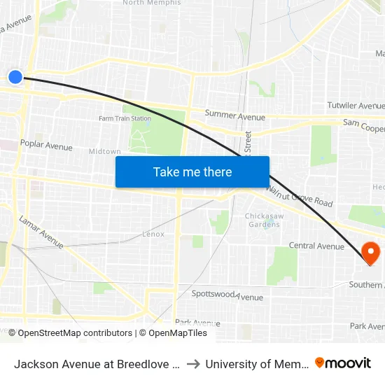 Jackson Avenue at Breedlove Street to University of Memphis map