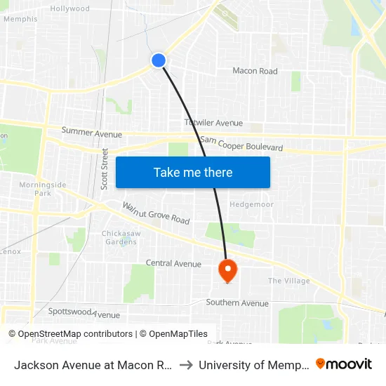 Jackson Avenue at Macon Road to University of Memphis map