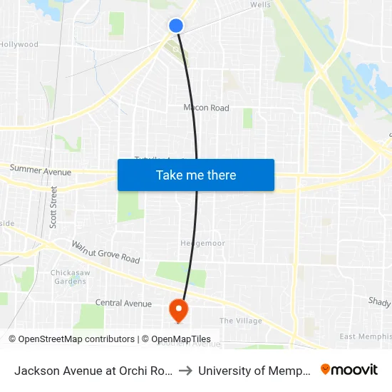 Jackson Avenue at Orchi Road to University of Memphis map