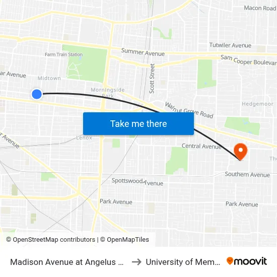 Madison Avenue at Angelus Street to University of Memphis map