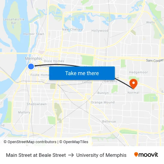 Main Street at Beale Street to University of Memphis map