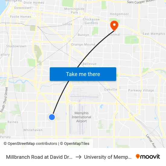 Millbranch Road at David Drive to University of Memphis map