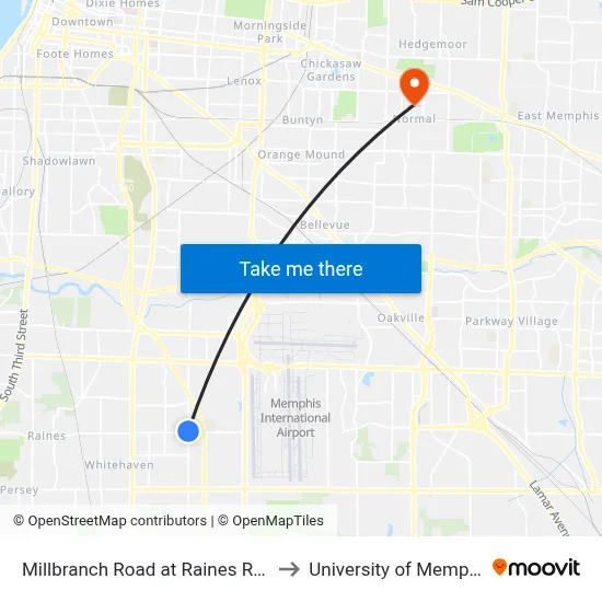 Millbranch Road at Raines Road to University of Memphis map