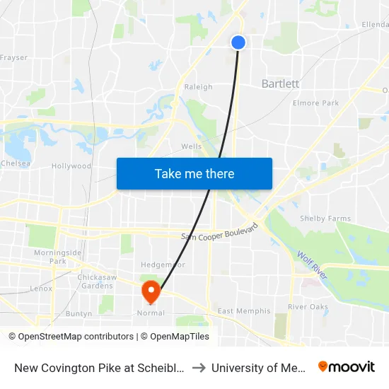 New Covington Pike at Scheibler Road to University of Memphis map