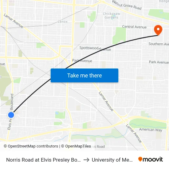 Norris Road at Elvis Presley Boulevard to University of Memphis map
