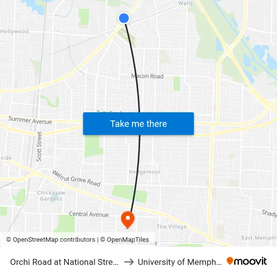 Orchi Road at National Street to University of Memphis map