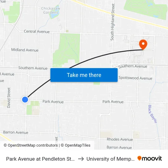 Park Avenue at Pendleton Street to University of Memphis map