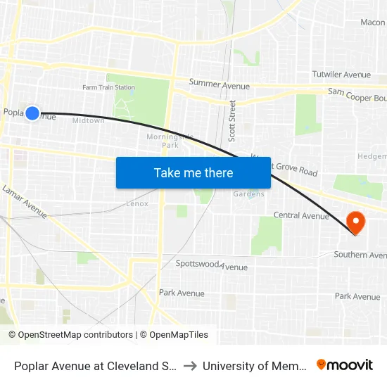 Poplar Avenue at Cleveland Street to University of Memphis map